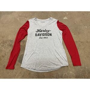 Harley-Davidson Shirt Womens Medium Gray Red Raglan V Neck Long Sleeve Tee Top
